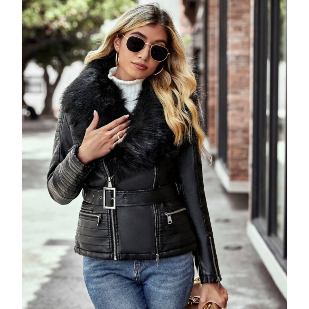 Black Faux Fur Leather Belted Motorcycle Bomber‎ Jacket Sherpa Winter Biker Coat - Picture 2 of 10